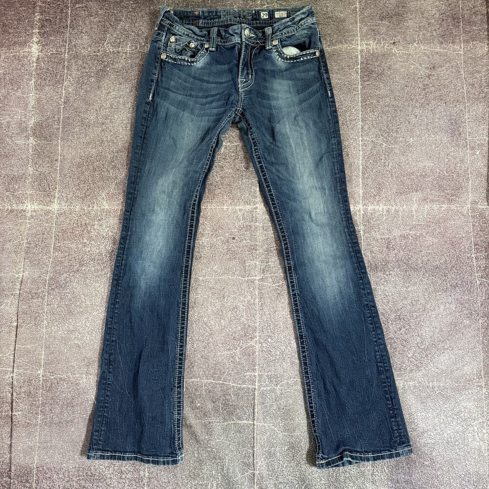 Women's Vintage Y2K Miss Me Signature Boot Cut Blue Rhinestone Jeans Sz 29 X 33